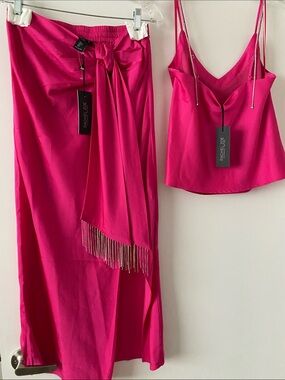 COPY Rachel Zoe Hot Pink Raspberry Silky Fringe Midi Skirt Set Bloggers Zara S